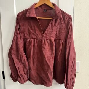 SHEIN Cotton Gauze Peasant Blouse L – Textured Boho Top, Rust Brown, Long Sleeve